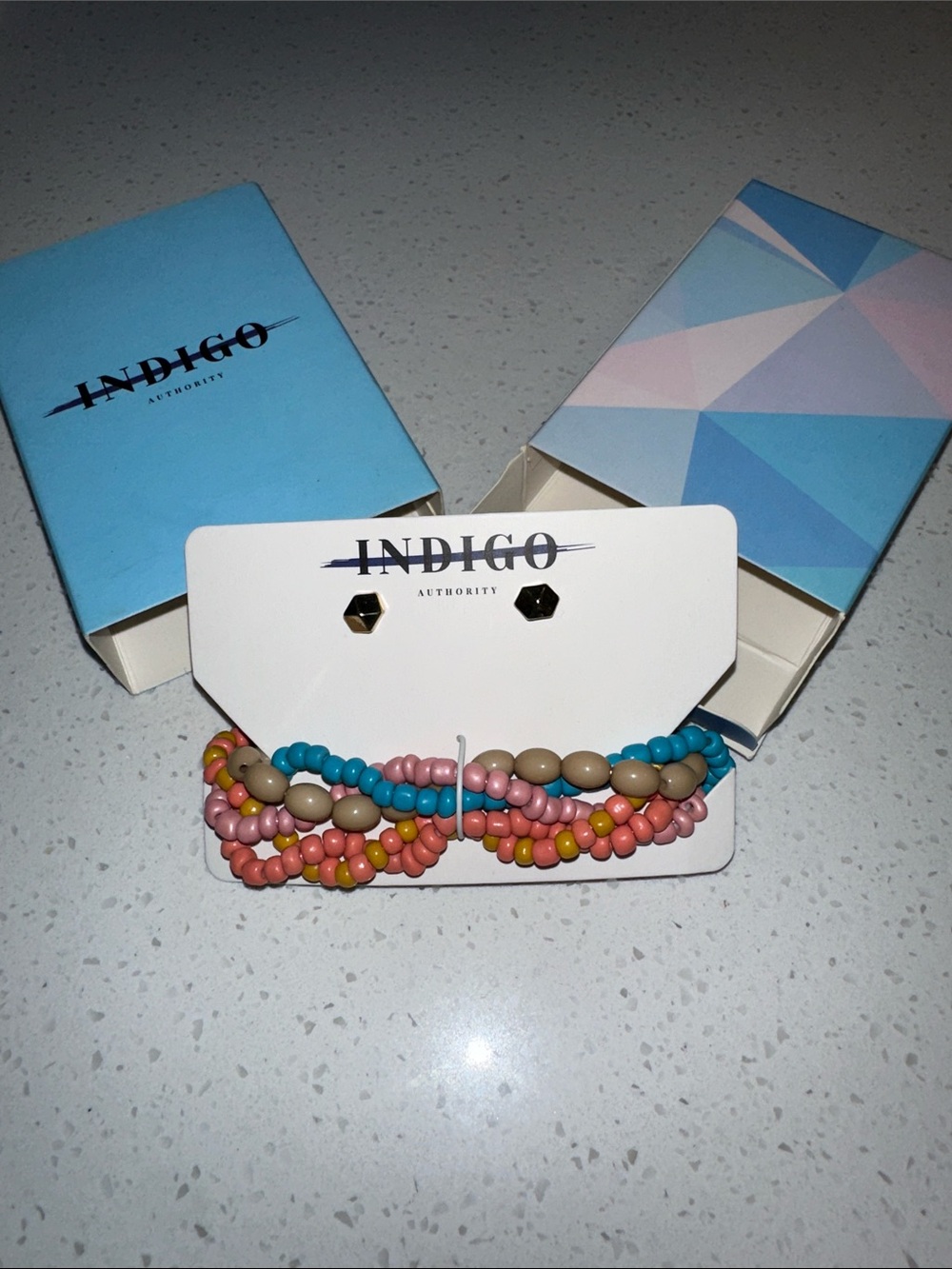 Indigo Multicolor Pastel Seed Bead Bracelet Set with Gold Accents